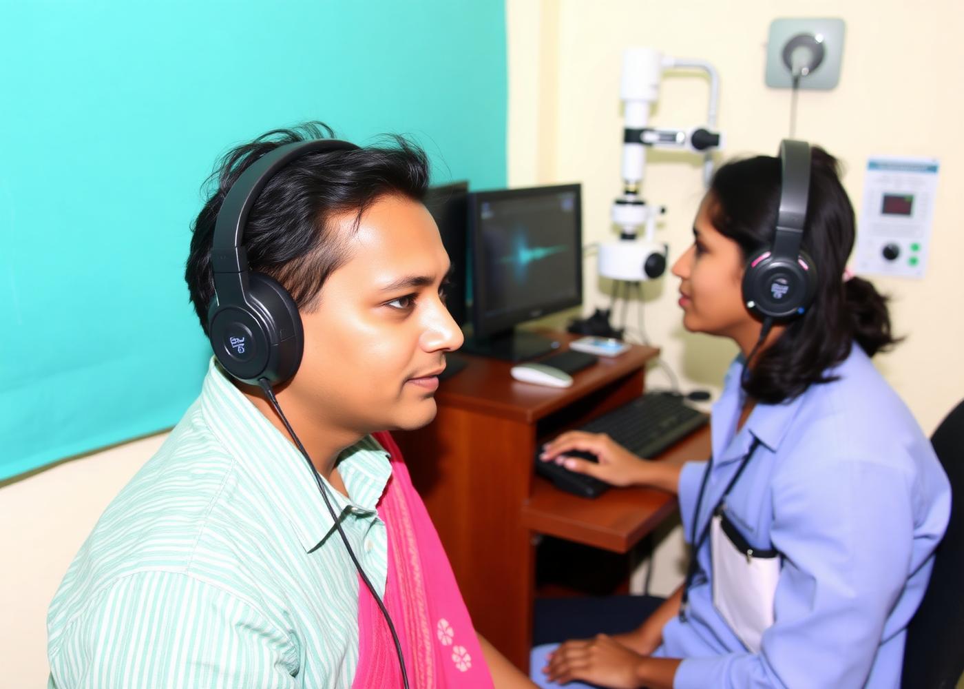 Hearing assessment and audiometry being carried out at the E.N.T department